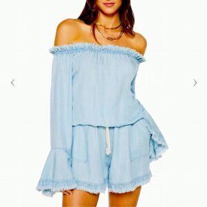 Ramy Brook Esie Chambray Romper Size XS Long Bell Sleeves Off the Shoulder